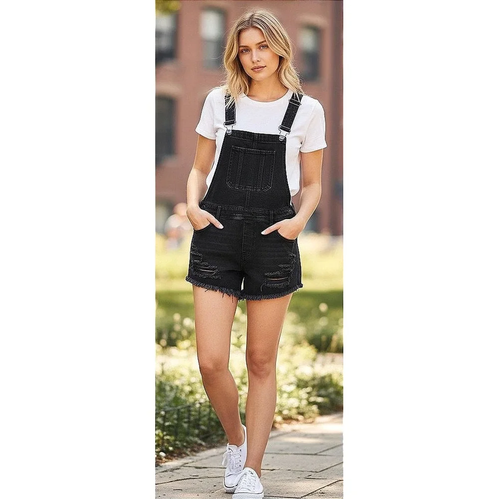 American Eagle Black Denim Bibs Short Overalls XS Distressed Grunge Fall Harvst